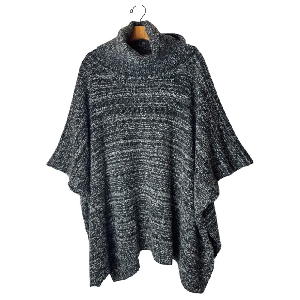 Michael Stars Poncho Women OS Black Gray Knit Cowl Neck Knit Cape Sweater‎